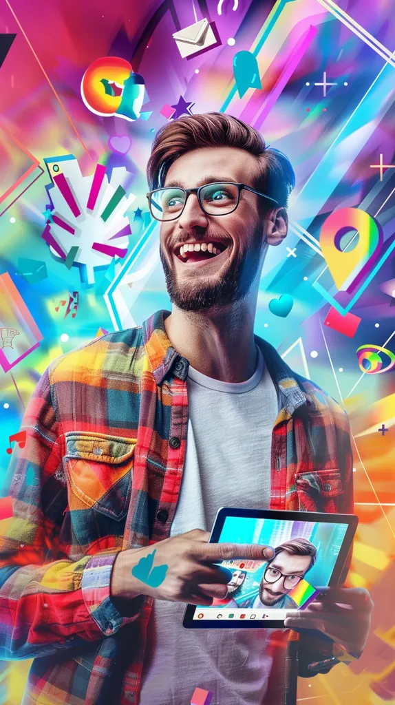 A young man with a beard, wearing glasses and a plaid shirt, smiles broadly as he looks at a tablet computer.  He is holding the tablet with his right hand and gesturing with his left hand.  The background is a colorful abstract design with geometric shapes and symbols.  The man appears to be video chatting with another man on the tablet.  The overall image is bright and energetic.