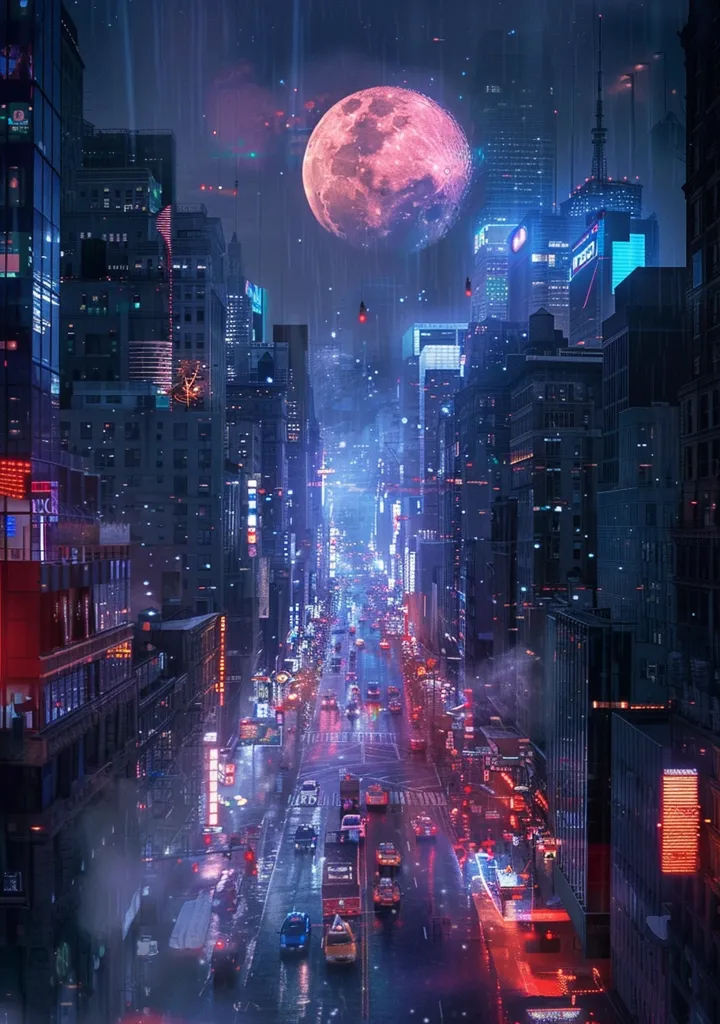 A cyberpunk city is illuminated by neon signs and streetlights, with a large, glowing pink moon in the sky. It is raining and the streets are wet, reflecting the colorful lights. Cars drive down the road in the distance, giving a sense of life and movement in the city. The buildings are tall and sleek, with a futuristic aesthetic.