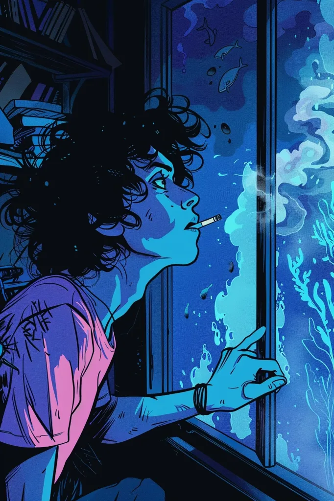 A young person with long, dark hair, wearing a pink and purple shirt, gazes out of a window. They are holding a cigarette in their mouth and their hand is reaching out to touch the glass. The window depicts an underwater scene, filled with blue bubbles and fish swimming through the water. The overall mood is one of melancholy and contemplation.