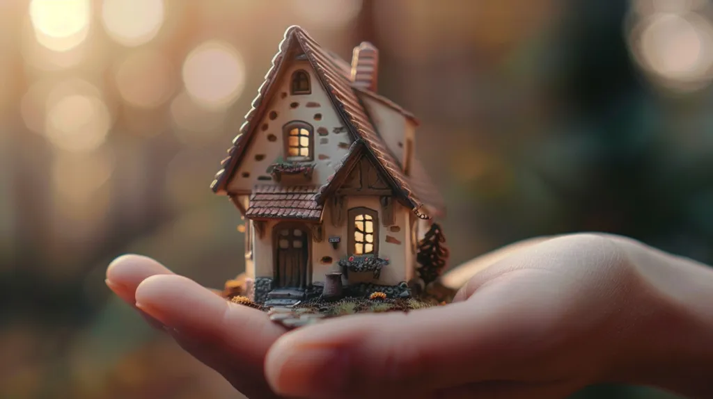 A miniature, fairytale-like cottage with a brown roof, white walls, and glowing windows sits in the palm of a hand.  The background is a soft blur of out-of-focus green foliage and warm, golden light. The image evokes a sense of wonder and childhood imagination.