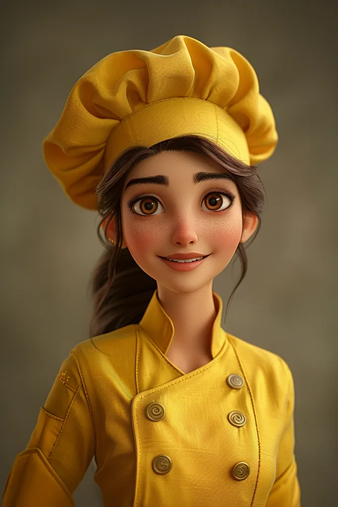 A young woman with long brown hair, wearing a yellow chef's hat and uniform, smiles and looks up. She has large brown eyes and rosy cheeks. She appears to be a cartoon character, rendered in a highly realistic style.  The background is a blurred brown color.