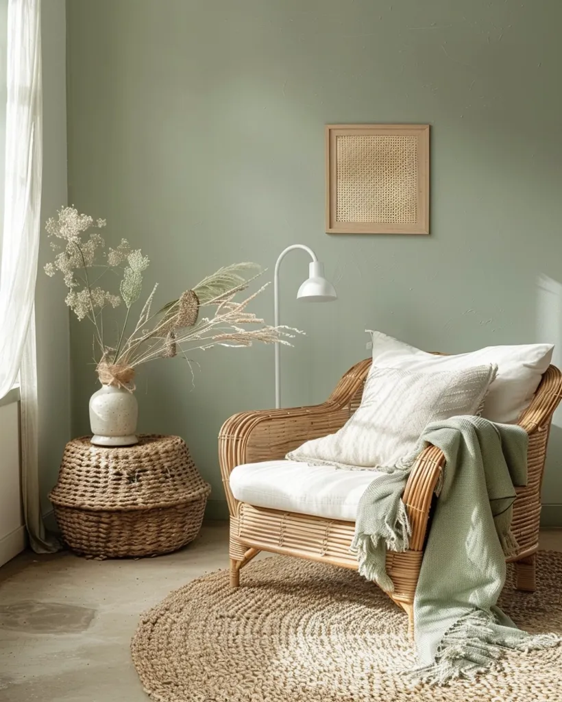 A cozy living room with a light green wall. A wicker armchair with a white cushion and a light green throw sits on a woven rug. A wicker side table with a vase of dried flowers and a framed woven piece of artwork is on the wall.  The room has a natural and relaxed ambiance.