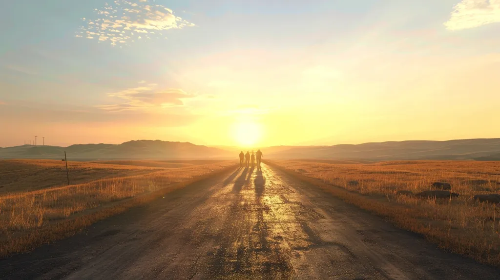 The image shows a long, dusty road stretching towards the horizon. In the distance, four figures walk towards a glowing sunset. The sky is a soft, warm orange and pink, and the landscape is a mix of dry grass and rolling hills. The scene evokes a sense of vastness, adventure, and the beauty of the natural world.