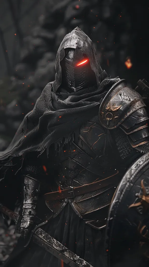 A dark knight, clad in black armor and a tattered cloak, stands amidst a fiery background.  His helmet is shrouded in shadow, with only a pair of glowing red eyes visible.  He holds a large, weathered sword in one hand, while his other hand grasps a shield emblazoned with a golden symbol.  The image evokes a sense of mystery and power, with the knight appearing both menacing and noble.  The gritty details of the armor and weapons add to the realism of the scene.  The red fire flickers in the background, highlighting the knight's menacing presence.