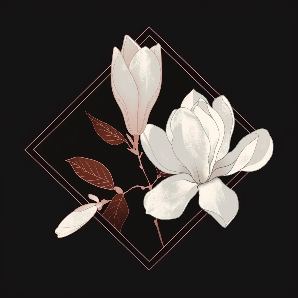 Two white magnolia flowers with brown leaves are depicted in a black background.  The flowers are partially enclosed in a pink diamond-shaped frame.  The flowers appear to be in full bloom and have a soft, textured appearance.  They are arranged in a way that suggests they are growing upwards.
