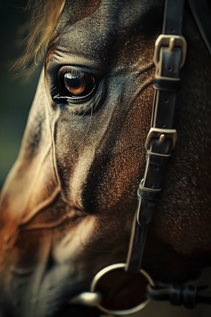 A close-up shot of a horse's face, capturing its dark, expressive eye and a hint of the leather bridle resting on its muzzle. The image emphasizes the animal's beauty and intelligence, with the focus on its intricate facial features and soft, textured fur. The background is blurred, drawing attention to the horse's captivating gaze.