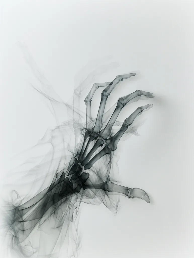 The image is a stylized X-ray of a human hand. The bones are rendered in a hazy, smoke-like fashion, giving the image a ghostly and ethereal quality. The hand is reaching out, its fingers extended and slightly curled, as if grasping at something out of reach. The overall effect is one of mystery and intrigue.