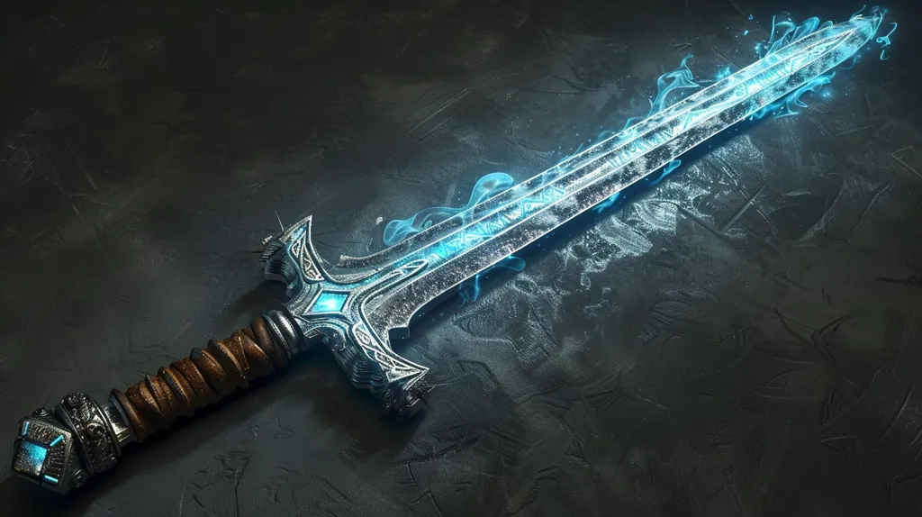 A silver sword with a leather-wrapped handle lies on a dark surface. The blade is edged with a blue glow, like it is aflame with icy fire. The sword is ornate, with intricate carvings and a jewel-encrusted pommel. The image is dark and dramatic, evoking a sense of power and magic.
