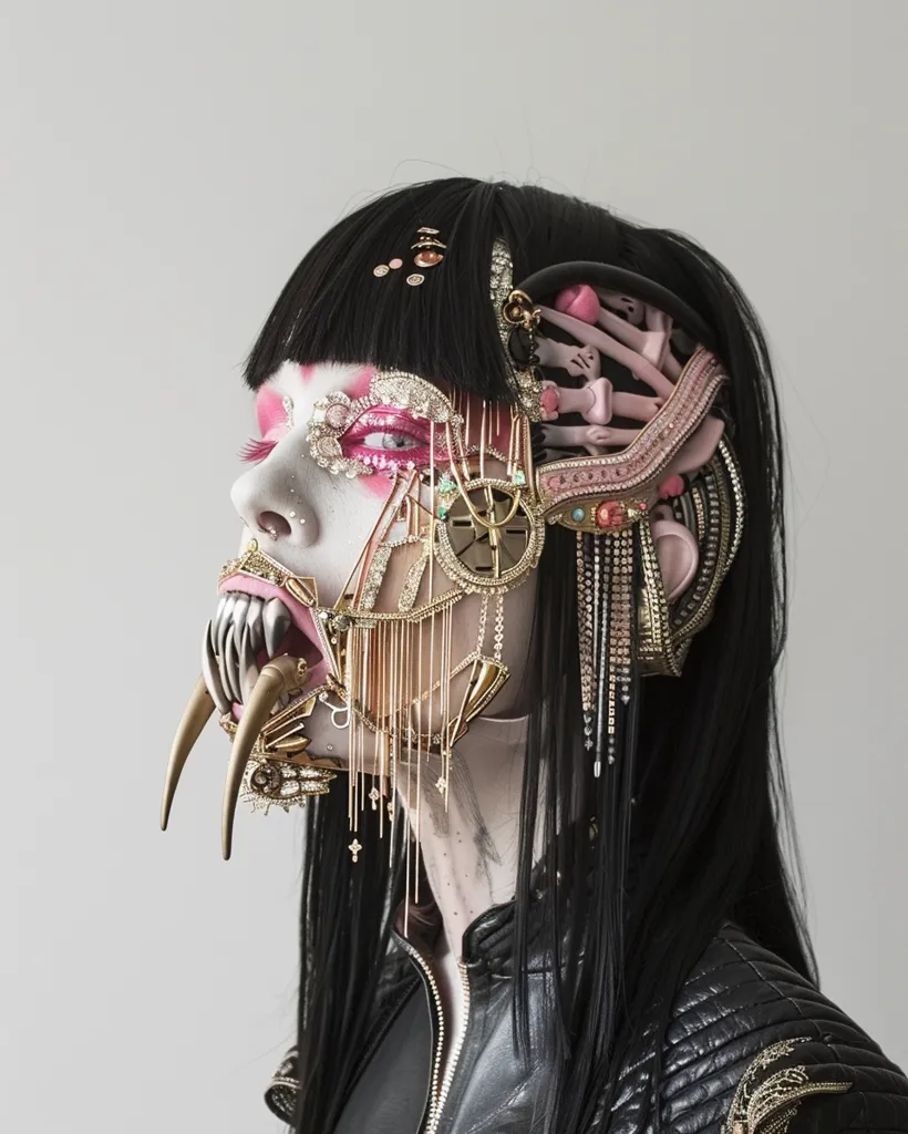 The image shows a person with long black hair, wearing a elaborate gold and pink mask that covers their face. The mask has a sharp, pointed jaw and multiple decorative elements including rhinestones and chains.  Their face is also adorned with intricate makeup, including pink eyeshadow and rhinestones. The person is wearing a black leather jacket, adding to the dramatic and futuristic aesthetic.