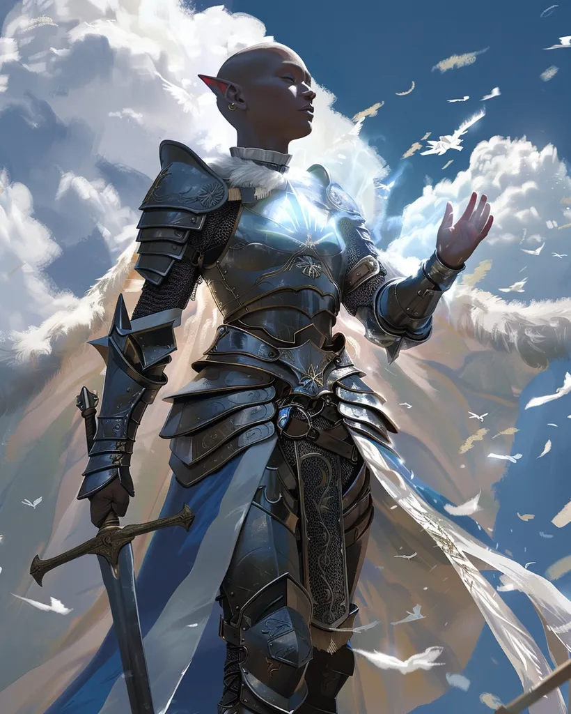 A female knight, clad in shining black armor and a white cloak, stands against a backdrop of swirling clouds and white feathers. She holds a sword in one hand and her other hand is raised in a gesture of blessing, with a glowing light emanating from her chest. Her features are sharp and determined, her eyes closed in a moment of serene power. The scene evokes a sense of divine strength and unwavering resolve.