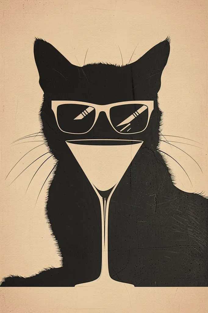 A black cat with sunglasses is shown in silhouette, its head is tilted to the side and a martini glass is in front of it. The image is on a beige background with a textured effect.  The cat's whiskers are visible and the martini glass is the focal point of the image.  It is a simple yet stylish design.