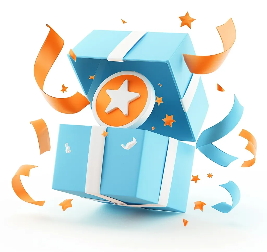 A blue gift box with a white ribbon is open, revealing an orange circle with a white star inside. Confetti and ribbons in orange and blue are scattered around the box, adding to the celebratory atmosphere. The image suggests a gift of recognition or achievement, with the star symbolizing excellence. The bright colors and playful design evoke a sense of joy and accomplishment.