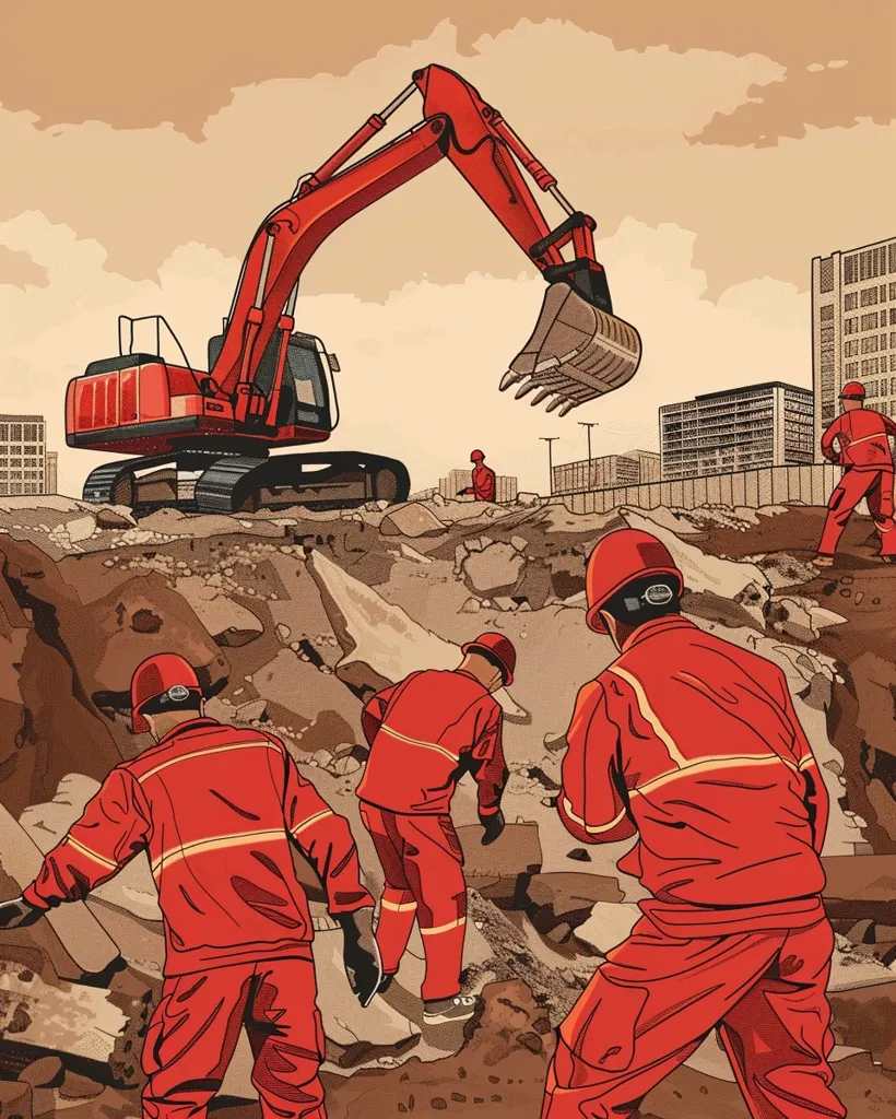 A red excavator is working on a construction site. Four construction workers wearing red uniforms are on the site, with one of them inspecting the debris. The scene takes place in front of a partially constructed building. The sky is a light brown color.