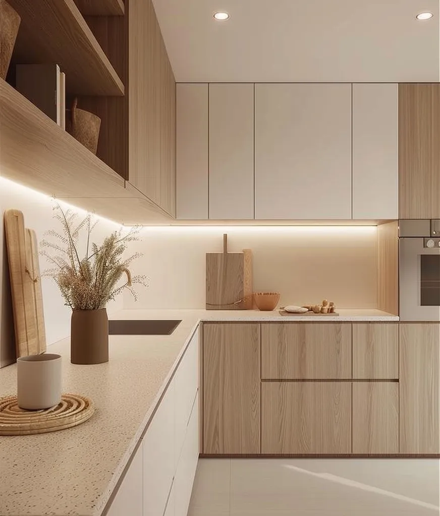 The image shows a modern kitchen with sleek wooden cabinets and a minimalist aesthetic. White countertops and cabinets provide a clean backdrop, while a vase of dried flowers adds a touch of natural warmth. The warm lighting creates a cozy ambiance, perfect for preparing meals and entertaining guests.