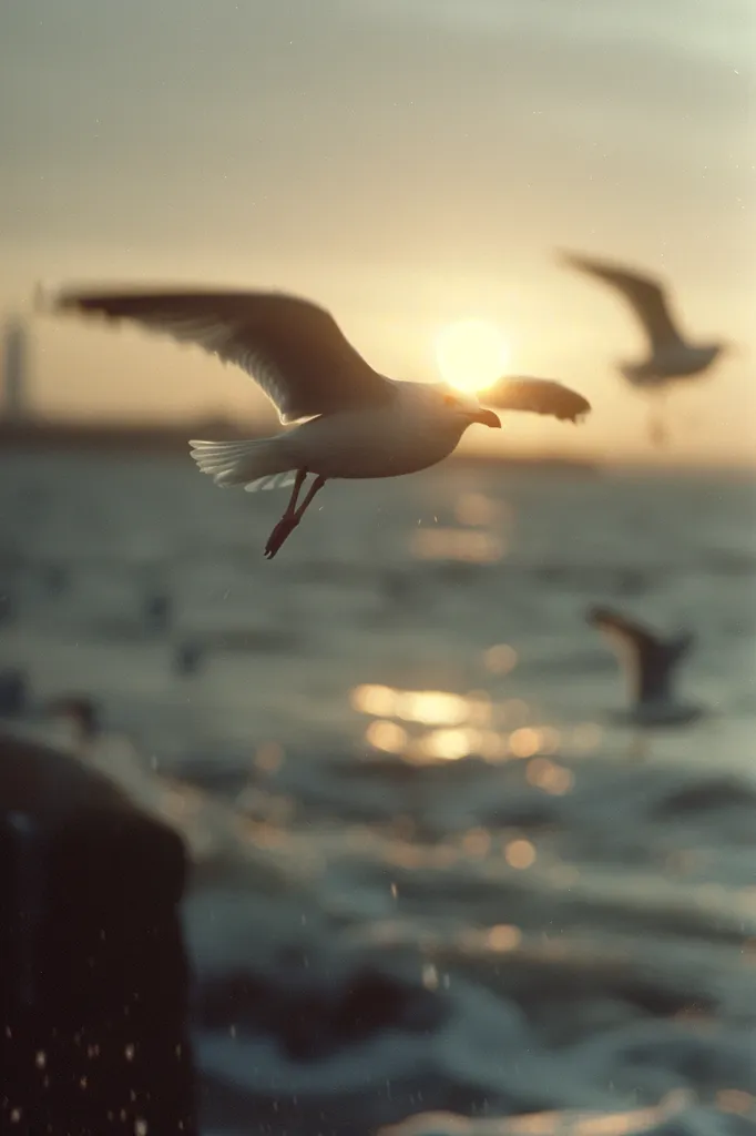 A lone seagull flies against the golden sunset, its silhouette stark against the bright sky. The sun creates a soft glow on the rippling water below, with other gulls flying in the distance. The image captures a peaceful moment of nature, with the seagull soaring effortlessly over the tranquil water.