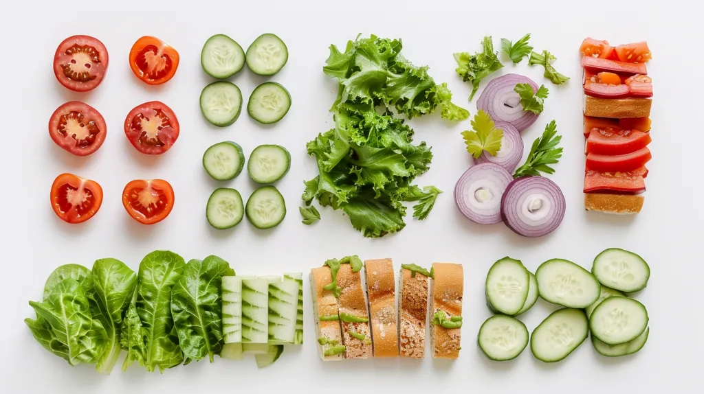 A white surface displays various fresh vegetables, arranged in rows.  There are sliced tomatoes, cucumbers, red onions, and leafy greens.  The image also features two pieces of bread. One is topped with tomatoes and the other is spread with a green sauce.  The image is well-lit and the vegetables are vibrant in color.  The arrangement is visually appealing and balanced.