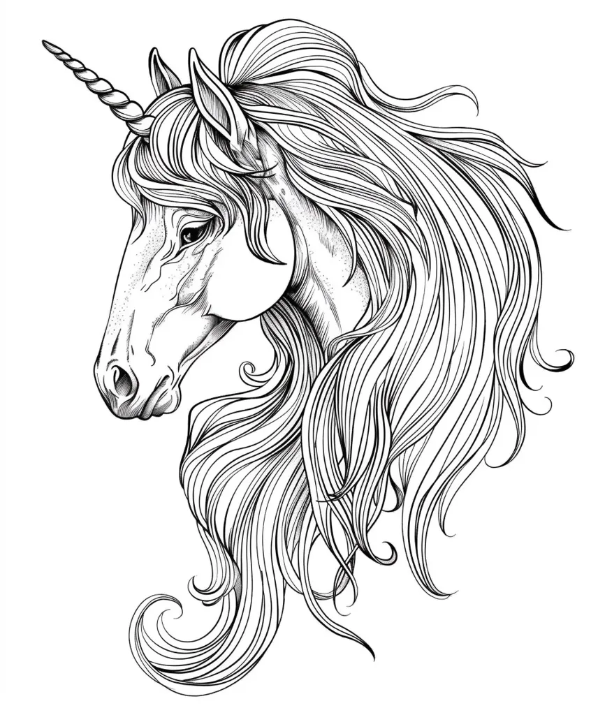 The image is a detailed line drawing of a unicorn's head, facing left. It has a long, flowing mane and tail, with a single horn spiraling from its forehead. The unicorn's eye is visible, and its expression is peaceful and gentle. The intricate details of the mane, horn, and facial features create a sense of beauty and grace.  The drawing is done in black and white, which adds to its classic and elegant look.