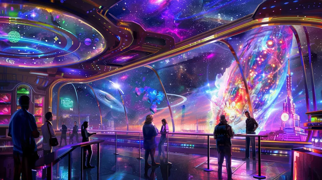 A futuristic room with large windows showcasing a vibrant and colorful space scene. The room is illuminated with neon lights and features a ceiling decorated with glowing stars. People are gathered around, admiring the view. The space scene depicts galaxies, planets, and swirling nebulas in a mesmerizing display of light and color.  The overall impression is one of wonder and awe at the vastness of the universe.