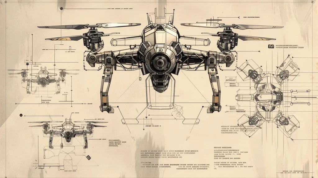 The image is a technical drawing of a futuristic drone, resembling a helicopter with four legs. It is depicted from a top-down perspective, showing its intricate design and various components. The drawing is rendered in black and white on a light brown background with technical notes and specifications surrounding the drone. The illustration appears to be a blueprint for a military or scientific application.