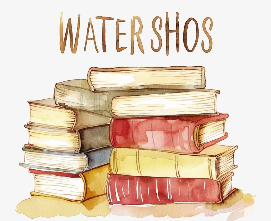 A watercolor painting of a stack of books, painted in soft brown, yellow, red, and blue hues.  The top book is a pale yellow with a dark brown spine, while the bottom book is a dark red with a lighter red spine. The word "WATER SHOS" is written in brown above the books.  The background is white.  The painting is likely an illustration or a cover for a book about water shoes or water sports.