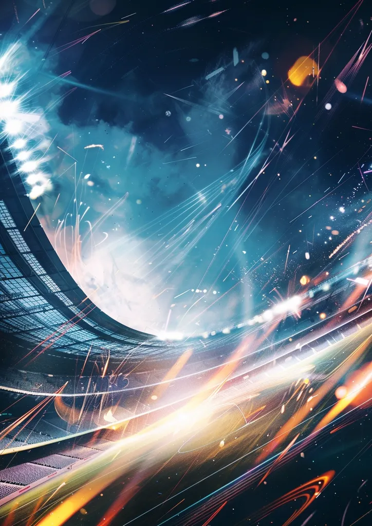 The image shows a stadium in a futuristic setting, with a curved roof and a vast, starry sky above. The stadium is illuminated by bright lights, creating streaks of light that appear like falling stars. The scene is dynamic and energetic, suggesting a grand sporting event or a celebration. The overall effect is one of awe and excitement.