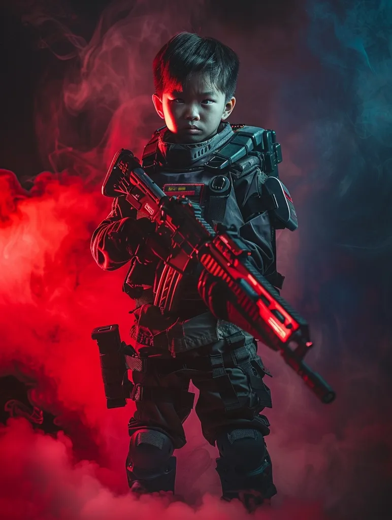 A young boy, dressed in tactical gear, holds a rifle in a dramatic pose. He stands against a backdrop of red and blue smoke, his expression intense and focused. The lighting casts shadows, adding to the dramatic effect of the image.  The boy's youth contrasts with the serious nature of his attire and weapon, raising questions about the context of the scene.