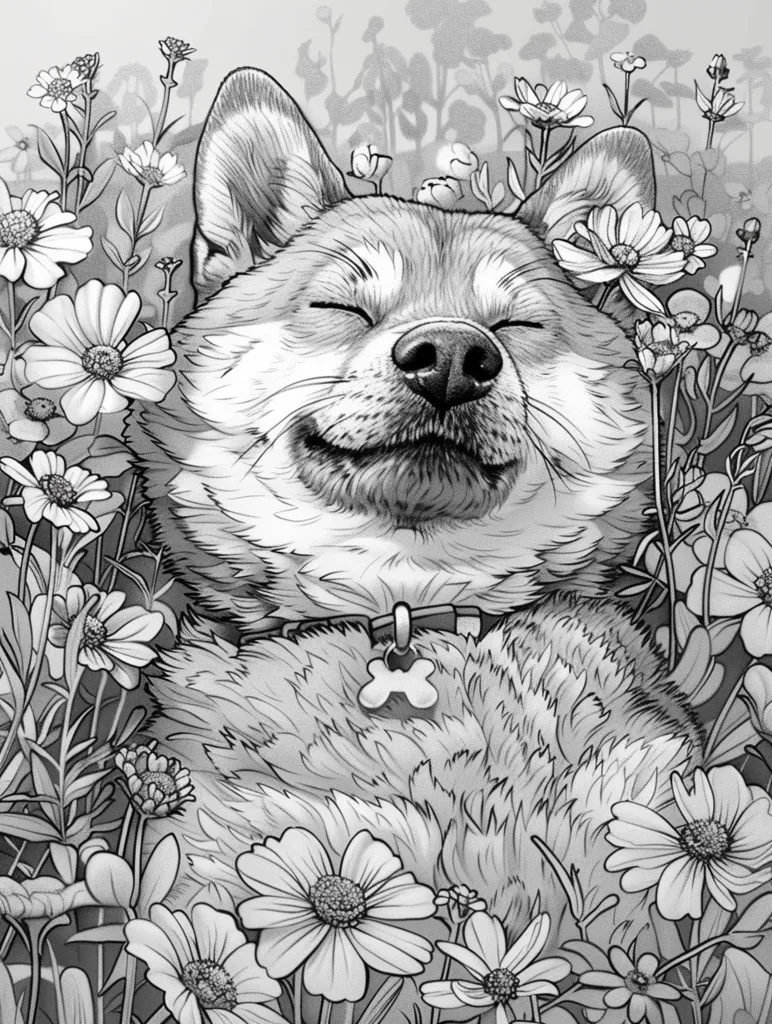 A black and white illustration of a dog sleeping in a field of flowers. The dog is a Shiba Inu with its eyes closed and mouth slightly open. The dog has a collar with a bone-shaped tag. The flowers are all in bloom and are surrounding the dog on all sides. The image is done in a realistic style.