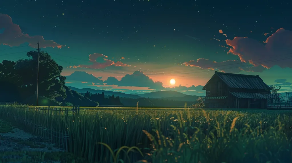 The image depicts a serene countryside scene at dusk. A lone wooden barn stands in a field of tall grass, silhouetted against the setting sun. The sky is awash with soft pink and blue hues, and the air is filled with the twinkling of stars. The image evokes a sense of peace and tranquility, inviting the viewer to escape the hustle and bustle of everyday life.