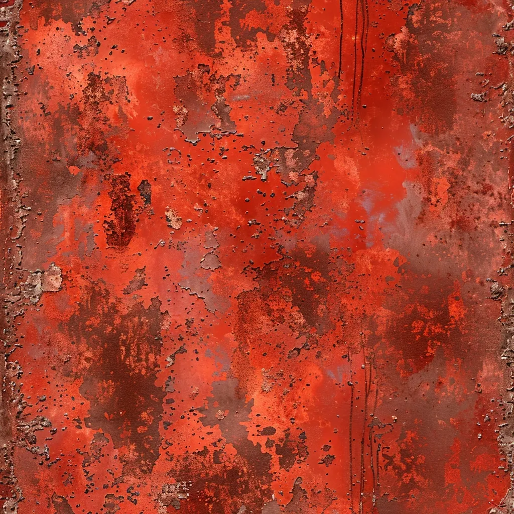 A close-up shot of a rusty, red metal surface. The surface is covered in patches of rust and peeling paint, creating a mottled and textured appearance. The red paint is faded and chipped, revealing the underlying metal.  There are streaks of darker red and brown running through the surface, suggesting water damage and wear and tear. The overall effect is one of age, neglect and deterioration.