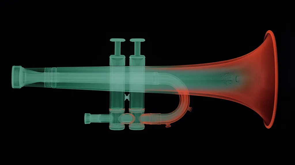 The image shows a trumpet in an x-ray style. The trumpet's body is a light green, while the bell is a reddish-orange. The valves are visible, as are the inner workings of the instrument. The image is set against a black background.  The image is a symbolic representation of music and sound.