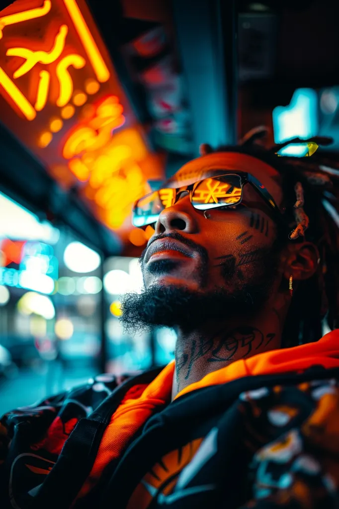 A young man with a beard and tattoos on his face and neck wears sunglasses reflecting neon light. He is looking up, his eyes closed. The background is blurry, suggesting a city setting with bright, multicolored neon signs. The image has a dark and moody aesthetic, evoking a sense of mystery and urban coolness.