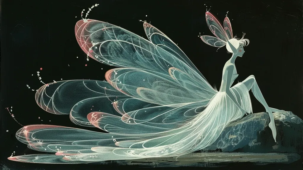 A delicate fairy with translucent wings sits on a rock. Her wings are large and intricate, with a design of delicate lines and curves. Her dress is flowing and white, blending with her wings. The background is a dark, almost black, creating a stark contrast to the fairy's light and ethereal form.  The image evokes a sense of magic and wonder.