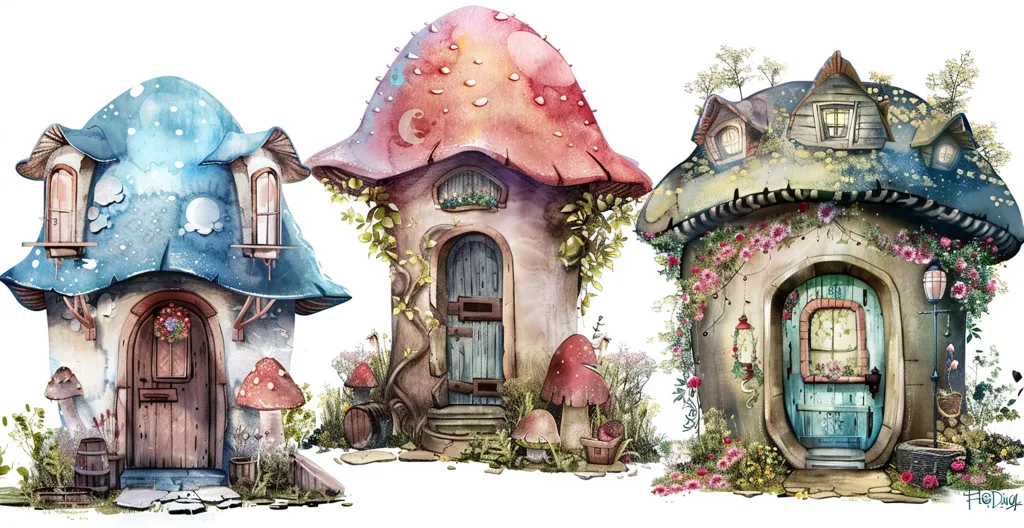 Three whimsical houses, each built into a giant mushroom, stand side-by-side. The first is blue and white with a wooden door and a wreath, the second is red and brown with a teal door and vines, and the third is grey with a blue door and surrounded by flowers.  The houses are painted in a watercolor style, creating a dreamy, fairytale-like atmosphere.