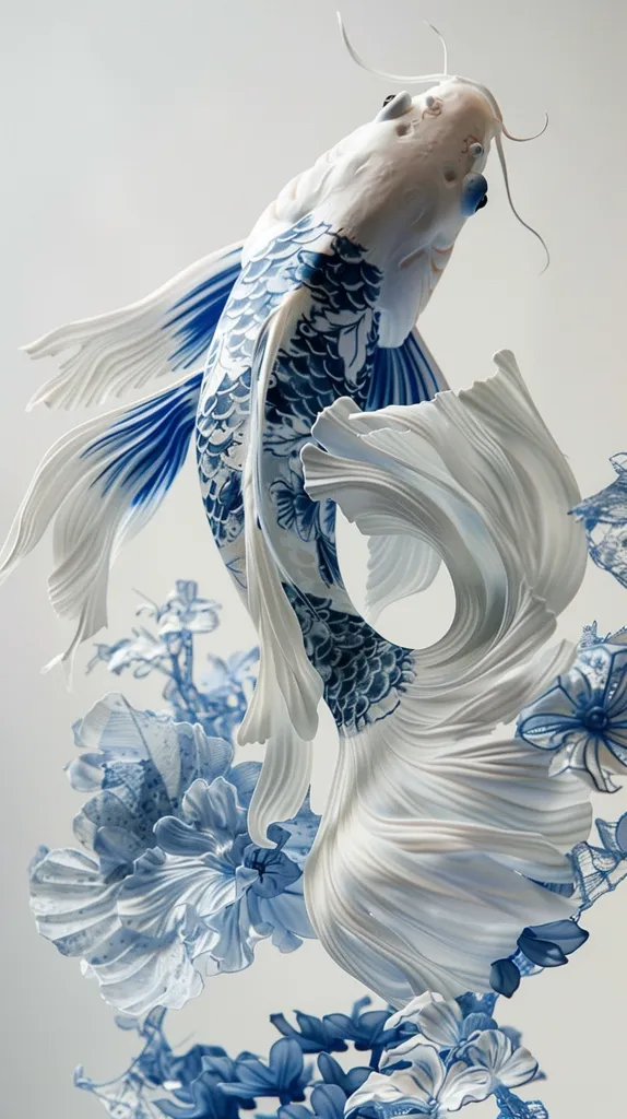 A porcelain sculpture of a fish with blue and white detailing. The fish is depicted swimming through a cluster of flowers, creating a beautiful and intricate scene. The delicate details of the fish's scales and the flowing petals of the flowers are captured in a realistic and lifelike way.  The image is a study in elegance and beauty, with the use of contrasting colors and textures to create a visually stunning piece of art.  The overall effect is a serene and peaceful atmosphere.