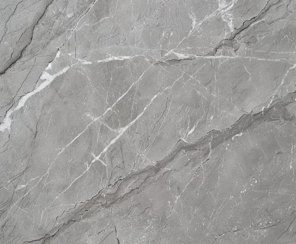 The image shows a close-up of a grey marble surface. The marble has a natural veining pattern, with thin, white lines running through the grey stone. The texture is smooth and slightly rough, giving a sense of depth and natural beauty. The image captures the elegant and classic appeal of marble.