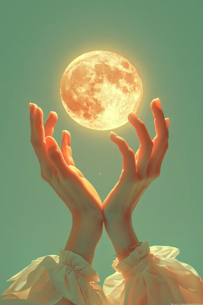 Two delicate hands, adorned with frilly sleeves, reach upwards towards a large, glowing moon. The moon hangs suspended, casting a warm light on the hands and the soft, green background. The image evokes a sense of wonder and awe, suggesting a connection between the human world and the celestial sphere.