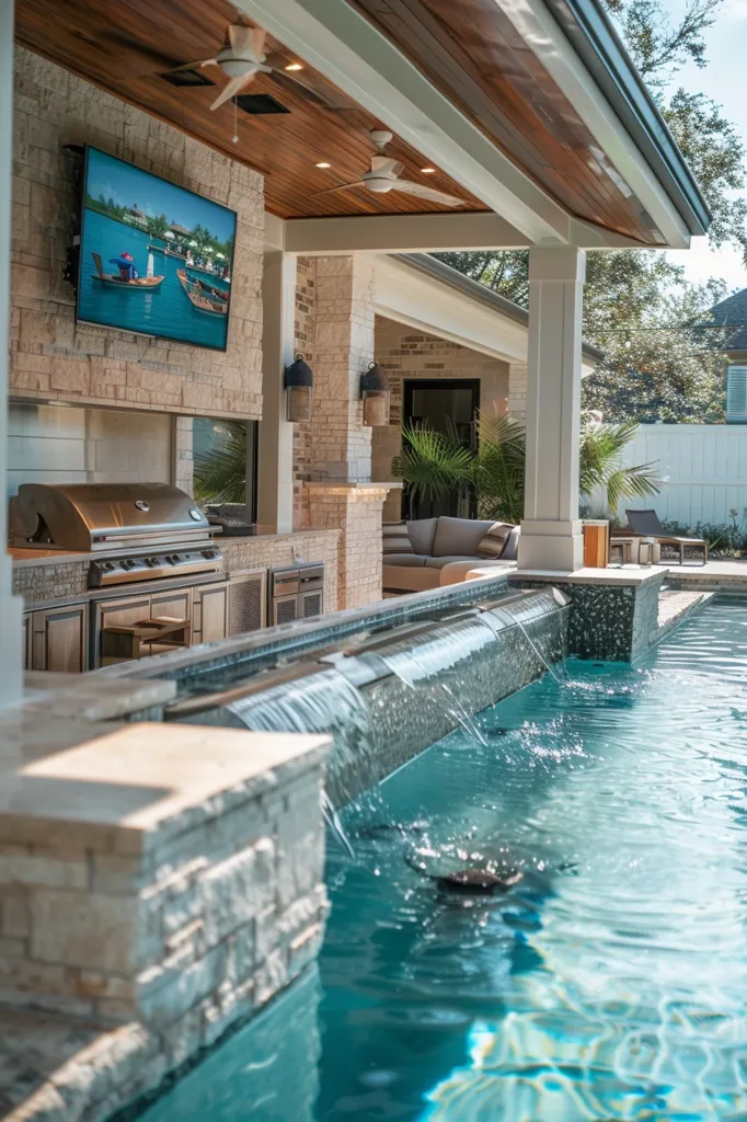 A luxurious outdoor living space with a built-in pool and waterfall feature. The patio has a large flat screen TV mounted on the wall, a built-in grill, and a stone-covered bar area. The pool is crystal clear and surrounded by stonework, offering a relaxing and elegant ambiance. The lush greenery in the background completes the serene atmosphere.
