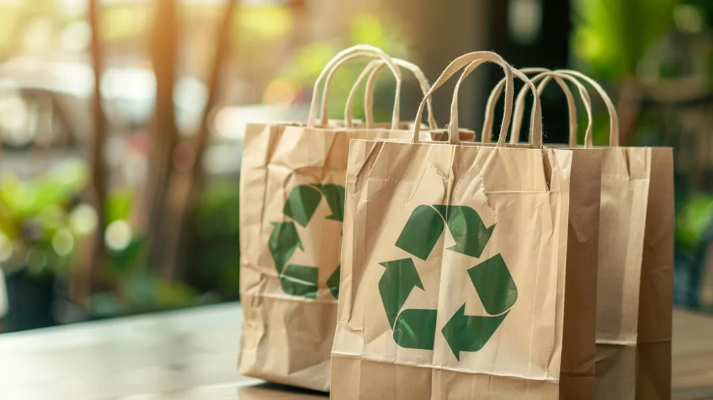 Three brown paper bags are lined up on a wooden surface. Each bag has a green recycling symbol printed on it. The background is blurry with green foliage and out-of-focus lights. The image emphasizes sustainability and eco-friendly practices.