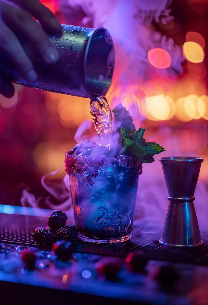 A hand pours a dark liquid from a metal shaker into a cocktail glass filled with ice and garnished with a sprig of mint. The drink is surrounded by a cloud of dry ice, and the entire scene is illuminated with vibrant purple and pink lights. There are blackberries scattered on the bar in front of the glass.  The background is blurred, with out-of-focus lights creating a festive atmosphere.