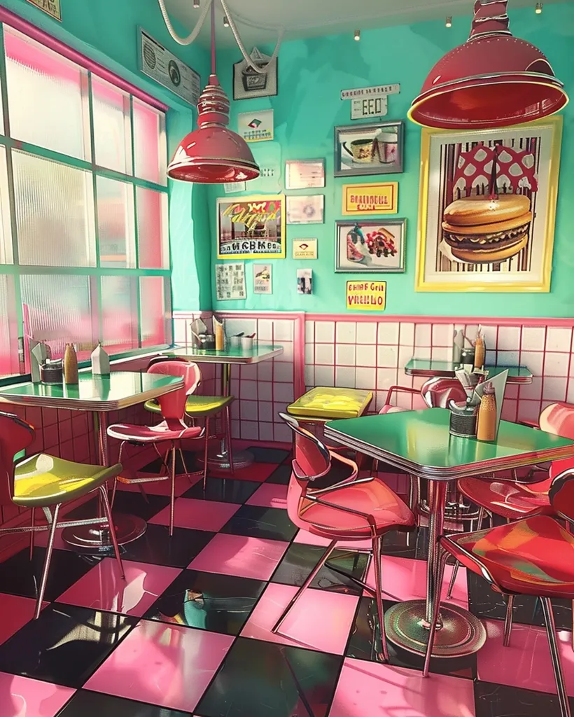 The image is a stylized depiction of a retro diner.  A large, red, circular light fixture hangs over a checkered pink and black tile floor, casting a warm glow.  The walls are aqua blue and tiled with white and pink squares.  Bright red chairs and tables with green tops are arranged around the space.   The walls are adorned with vintage signs and framed posters.  The scene has a retro 1950s feel.