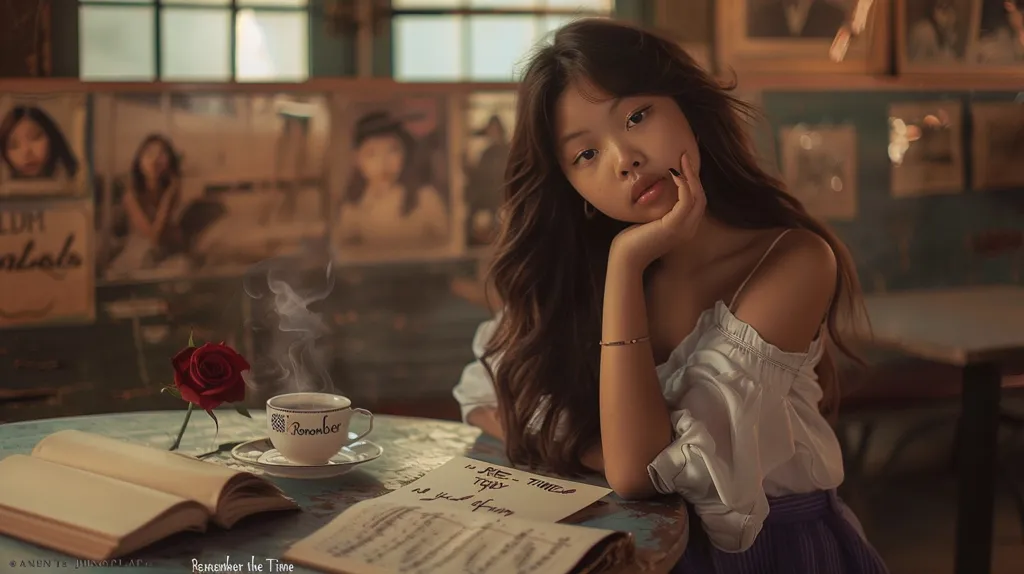 A young woman with long dark hair sits at a table in a cafe. She is wearing a white off-the-shoulder blouse and a purple skirt. She rests her chin on her hand, looking pensively at something out of frame. A steaming cup of coffee sits on the table next to a red rose and an open book.  The cafe is adorned with framed pictures. The overall ambiance is warm and inviting.