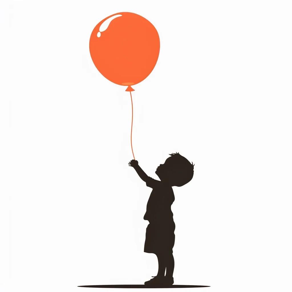 The image is a silhouette of a child holding a red balloon. The child is looking up at the balloon, which is floating above their head. The image is simple and evocative, suggesting a sense of childhood wonder and innocence. The bright red balloon against the white background creates a striking contrast.  The image could be interpreted as a symbol of hope, joy, and the simple pleasures of life.