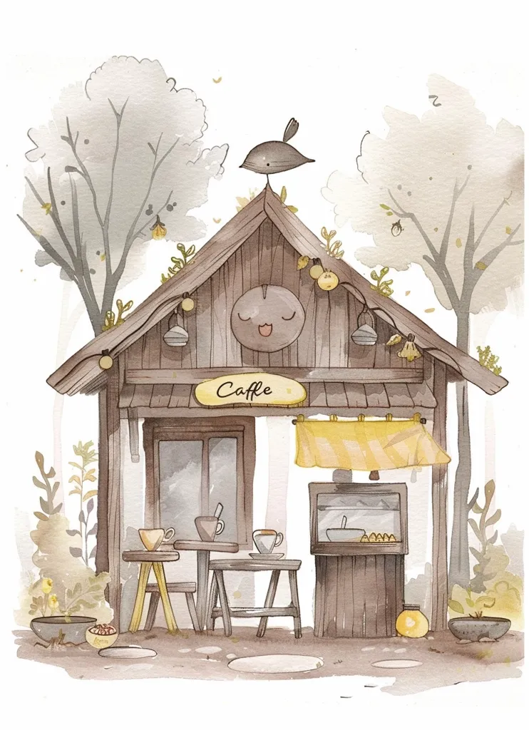 A charming, rustic cafe painted in watercolor. A wooden building with a bird perched atop, surrounded by trees and greenery. The cafe has a quaint awning, a sign reading "Caffe," and a few tables and chairs set up outside. The scene evokes a sense of cozy charm and tranquility.