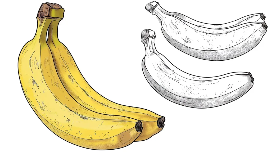 The image shows two bananas. The banana on the left is fully colored yellow, with brown stems. The banana on the right is an outline drawing in black and white. Both bananas are curved in a similar fashion.  The image appears to be a drawing.