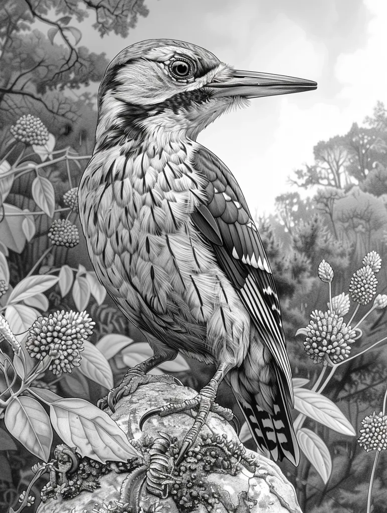 A detailed black and white drawing of a woodpecker perched on a branch. The bird has a long, pointed beak and a striped pattern on its feathers. It is surrounded by leafy foliage and delicate flowers, creating a natural and serene scene. The artist has captured the intricate details of the woodpecker's plumage and the surrounding environment, highlighting the beauty of the natural world.