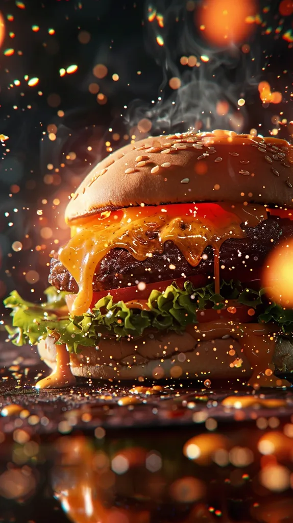 A juicy cheeseburger with melted cheese dripping down the side,  is captured in mid-air with a background of blurred, out of focus, golden bokeh lights. The image is set in a dark, moody atmosphere, creating a sense of warmth and indulgence.  The burger is surrounded by steam and a few small droplets of sauce, hinting at its freshly cooked state.