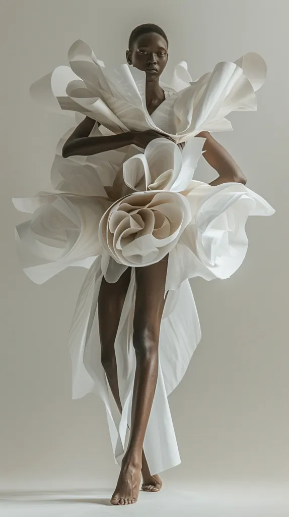 A Black woman with short dark hair stands against a light gray background wearing a white dress with a voluminous, abstract design that resembles a large paper flower. The dress is made of many layers of fabric, creating a dramatic and ethereal effect. The woman's gaze is directed towards the camera, her expression calm and serene. The image captures a moment of elegance and artistry, showcasing both the beauty of the dress and the poise of the model.