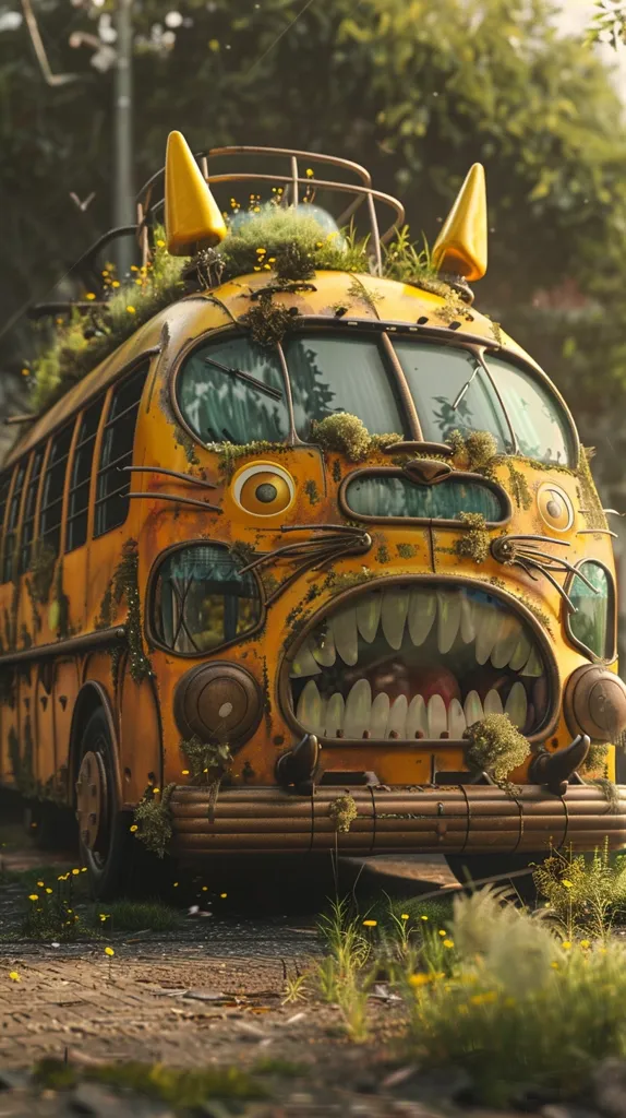 A rusty yellow school bus is overgrown with moss and plants. It has a monstrous face with large eyes, a wide mouth filled with teeth, and two yellow horns. The bus is parked on a dirt road with green grass and yellow flowers growing around it. The image has a surreal and whimsical vibe, blending the familiar with the fantastical.