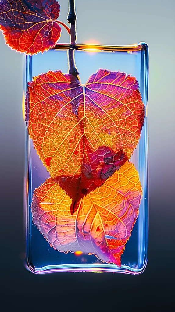 Two vibrant, autumn leaves, with intricate vein patterns, are submerged in a clear glass vase. The leaves are red and orange with a hint of purple, creating a striking contrast against the blue hues of the vase. The image is lit from the side, highlighting the translucent quality of the leaves.  The vase is a simple rectangular shape, its edges blurred and reflecting the light. The composition is minimal and artistic, focusing solely on the beauty of the leaves and the play of light and shadow.