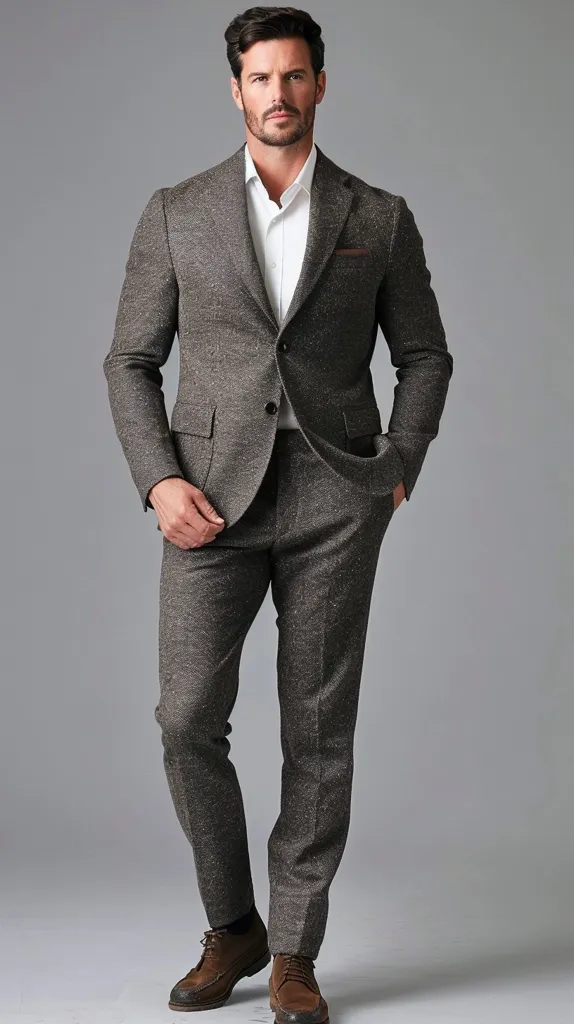 A man in a brown tweed suit stands with a serious expression. He wears a white shirt, brown leather shoes and has a brown leather pocket square. He has short dark hair and a trimmed beard. The background is a plain gray.  The image is well-lit and well-composed.  The man looks stylish and confident.